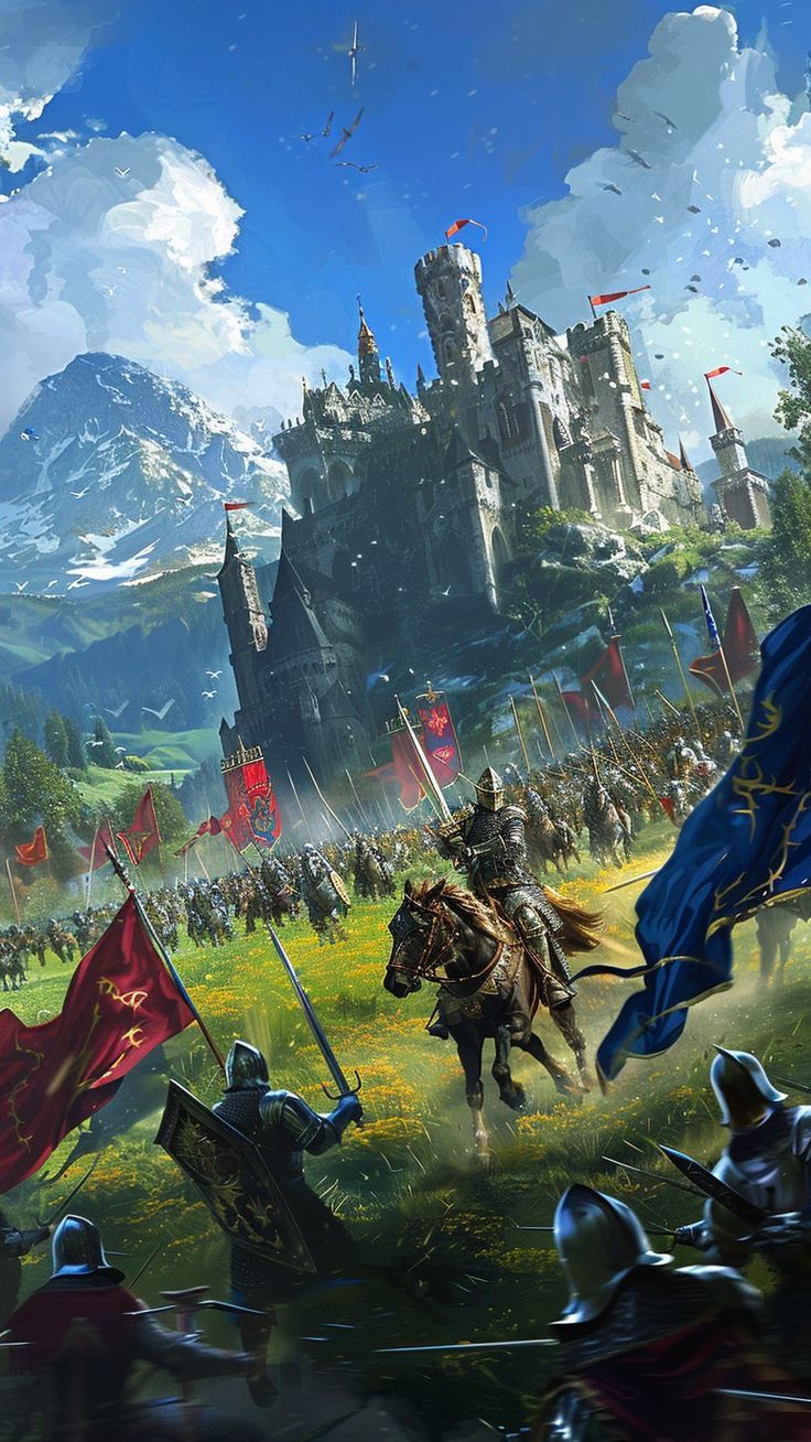 an image of a medieval battle with knights on horseback in front of a castle and mountains