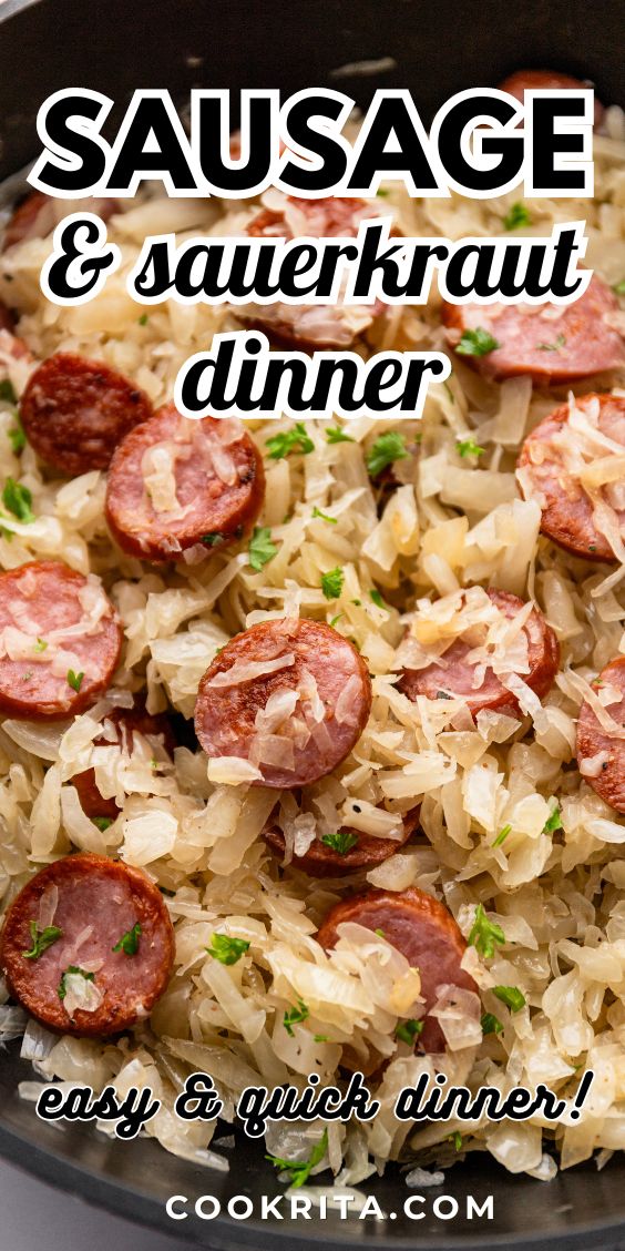 sausage and sauerkraut dinner in a skillet with the title overlay