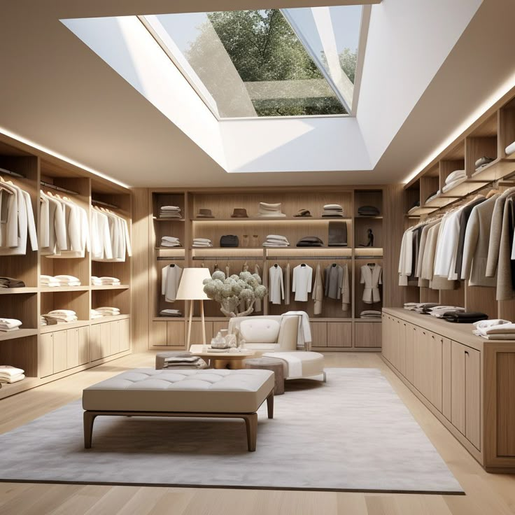 a large walk in closet with lots of clothes on hangers and a skylight