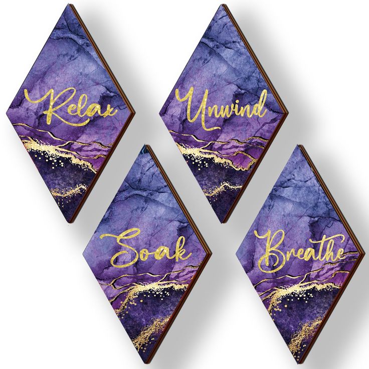 three purple and gold acrylic diamond shaped magnets with the words, relax, be mindful