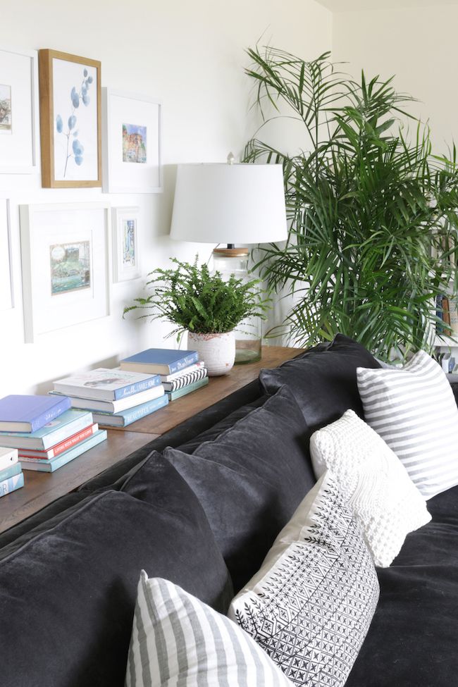 a living room filled with lots of furniture and plants on top of a wooden table