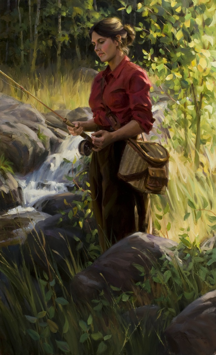 a painting of a woman fishing in the water by some rocks and grass with trees behind her