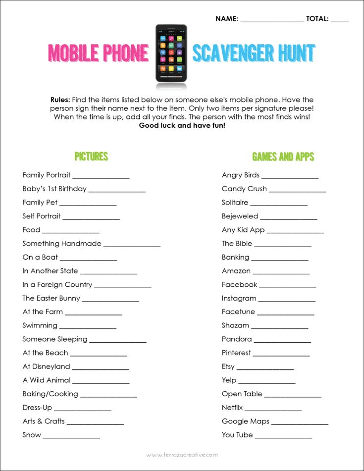 a cell phone scavenger hunt is shown in this printable activity for kids