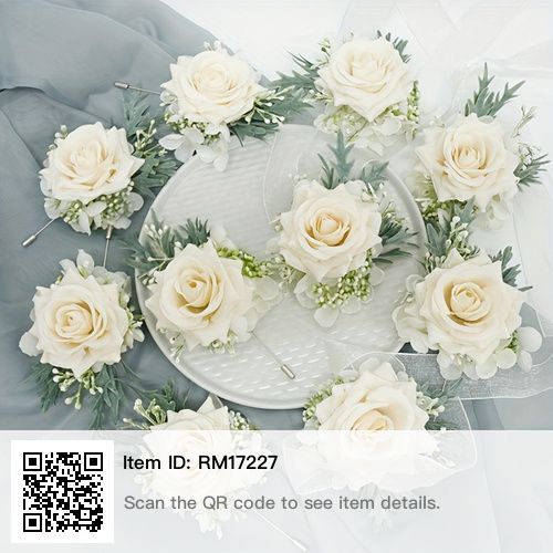 white roses and greenery arranged on a platter with qr code to see item details