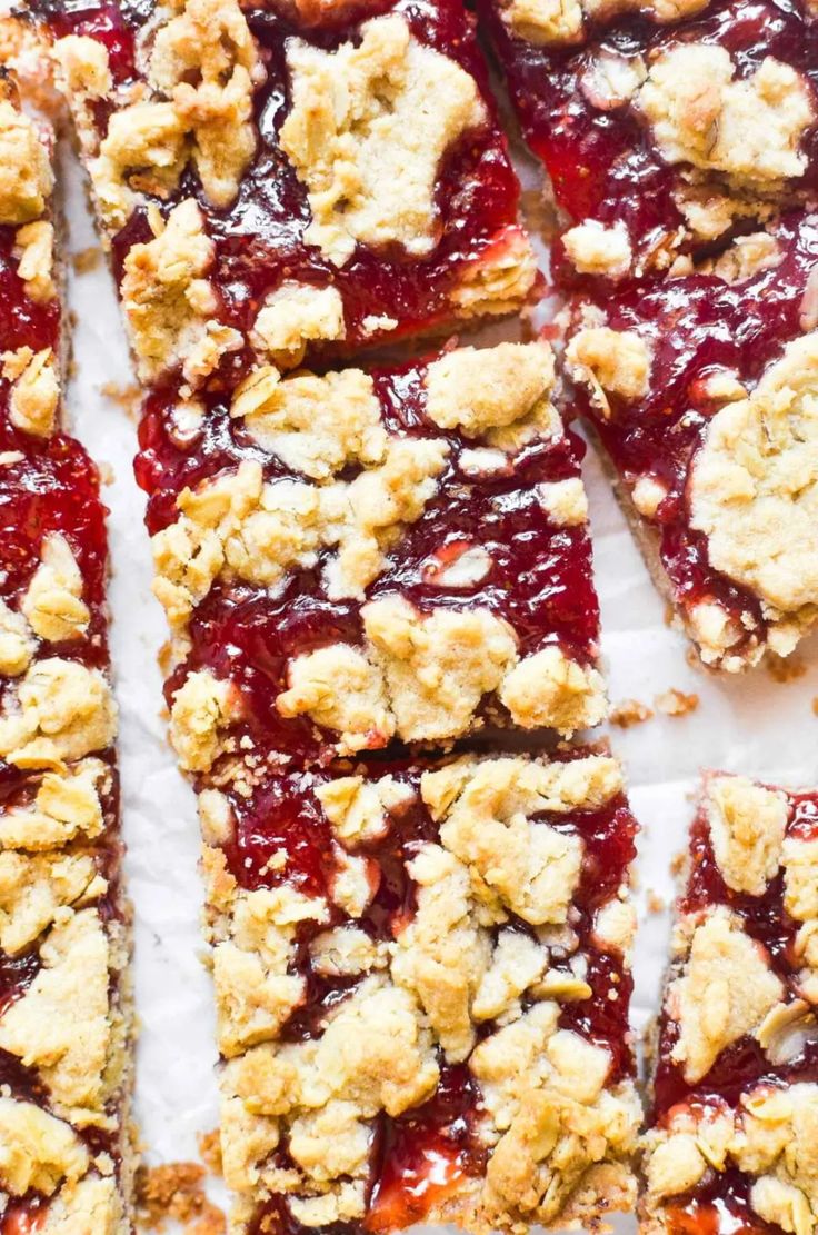 homemade strawberry crumble bars cut into squares