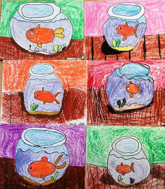 four different colored drawings of fish in a bowl and on the bottom one is goldfish