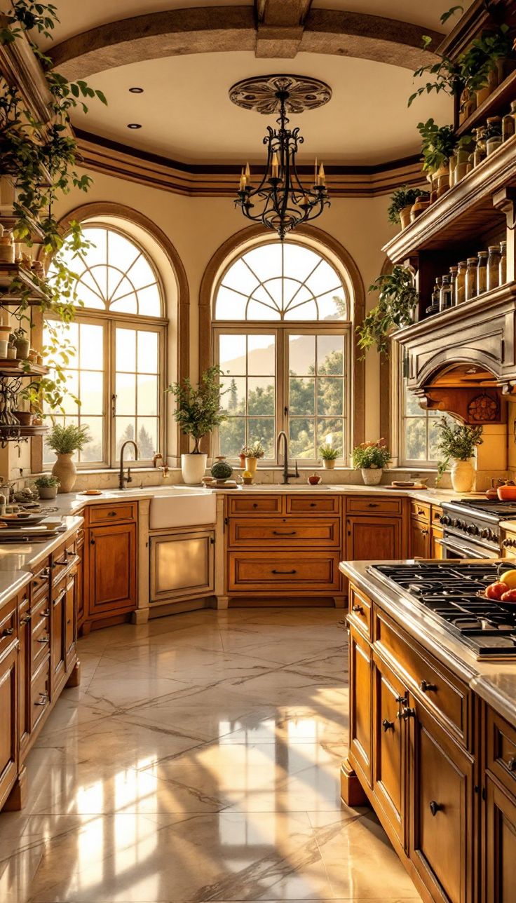 a large kitchen filled with lots of wooden cabinets and counter top space next to two windows