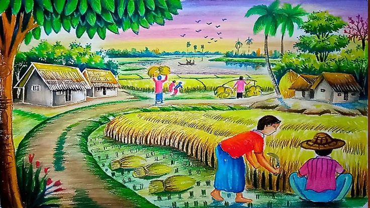 a painting of people working in a rice field