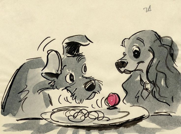 a drawing of two dogs looking at each other over a plate with food on it