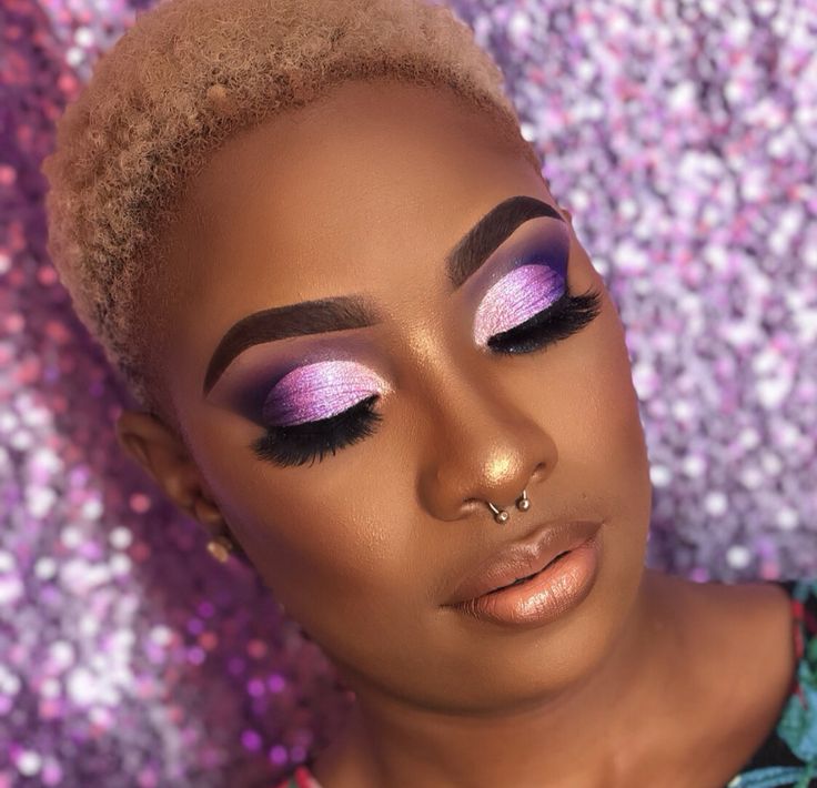 Makeup for black women Purple Bridal Makeup Black Women, Purple Make Up Looks Black Women, Purple Prom Makeup Black Women, Lavender Makeup Looks Black Women, Purple Eyeshadow Looks Black Women, Purple Makeup Looks For Black Women, Lilac Eyeshadow Looks, Purple Bridal Makeup, Glamour Makeup Looks