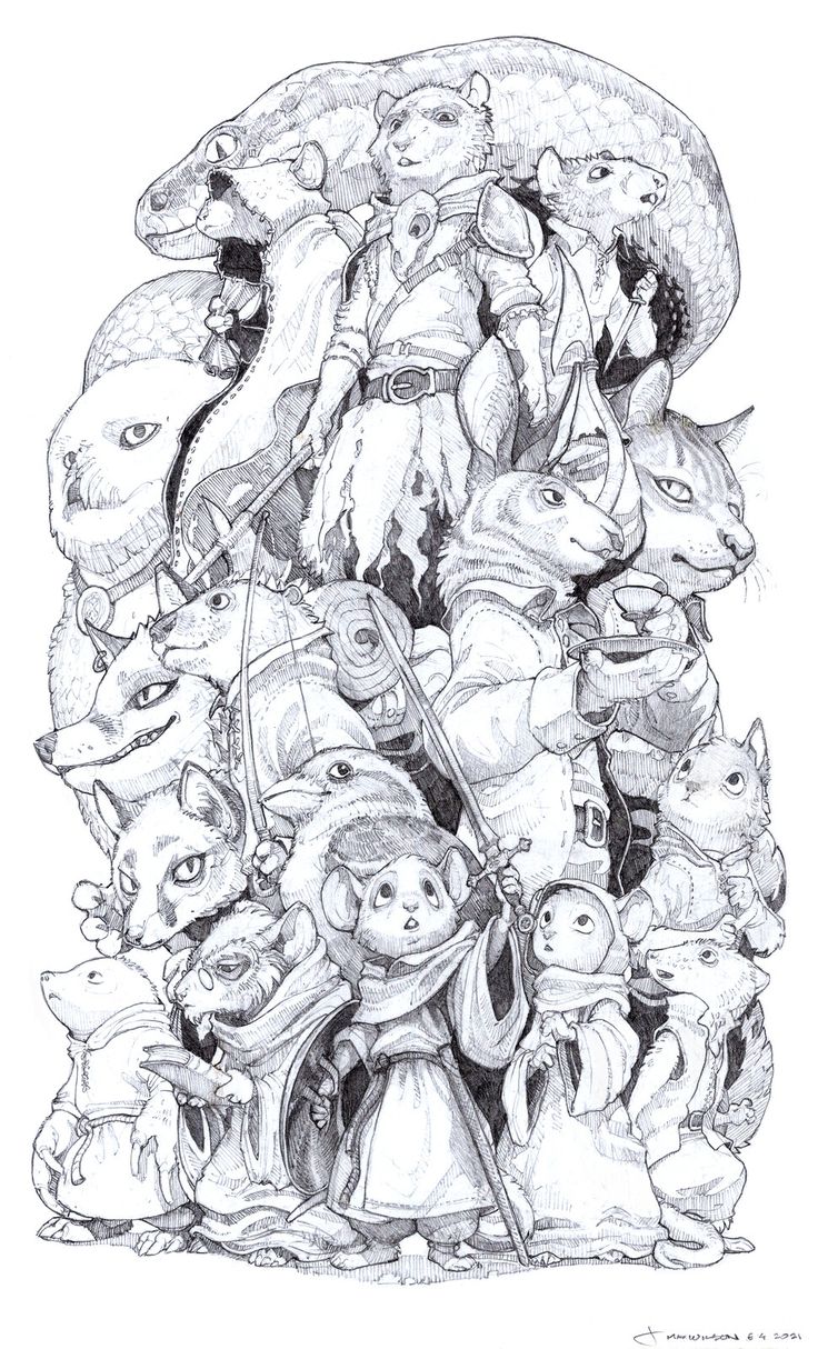 a drawing of an image of people surrounded by animals