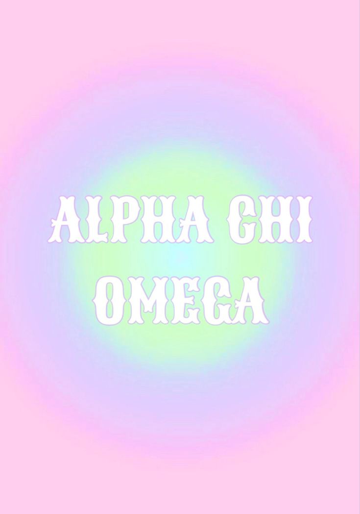 the words alpha chi omega in white on a pink and blue background