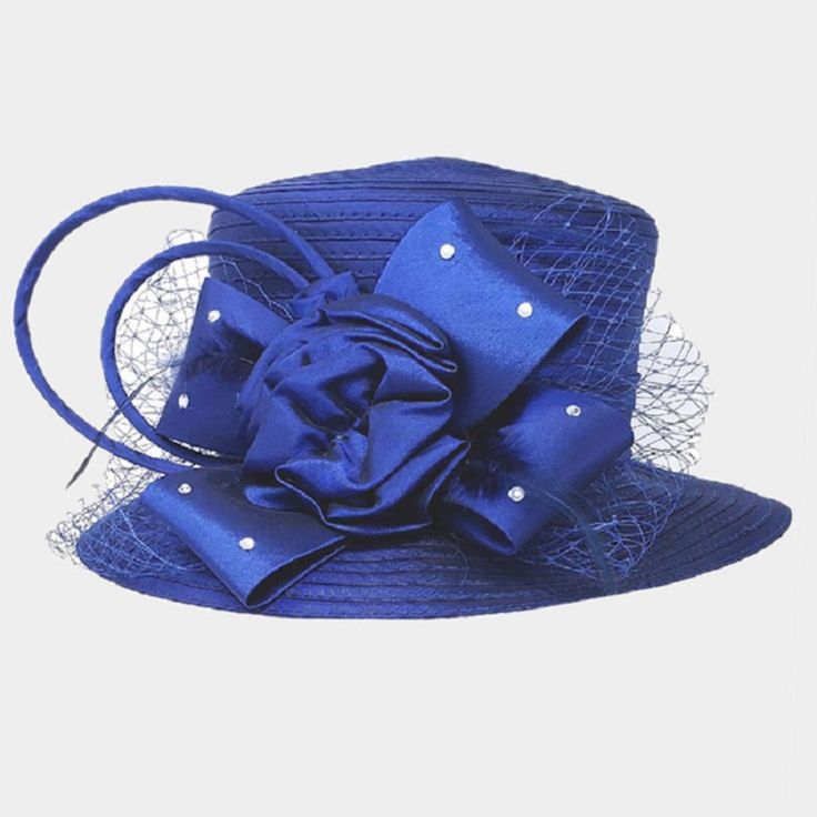 Style No : [424526] H18-Navy Color : Navy Crown Circumference : 23" Crown Height : 4" Brim Width : 3.25" 100% Polyester Studded Bow Flower Mesh Dressy Hat Navy Hat For Spring, Chic Blue Hat For Formal Occasions, Chic Blue Summer Hats, Chic Blue Hat For Spring, Chic Blue Spring Hat, Chic Fitted Blue Hat, Chic Blue Fitted Hat, Blue Evening Hats For Spring, Blue Summer Party Hats