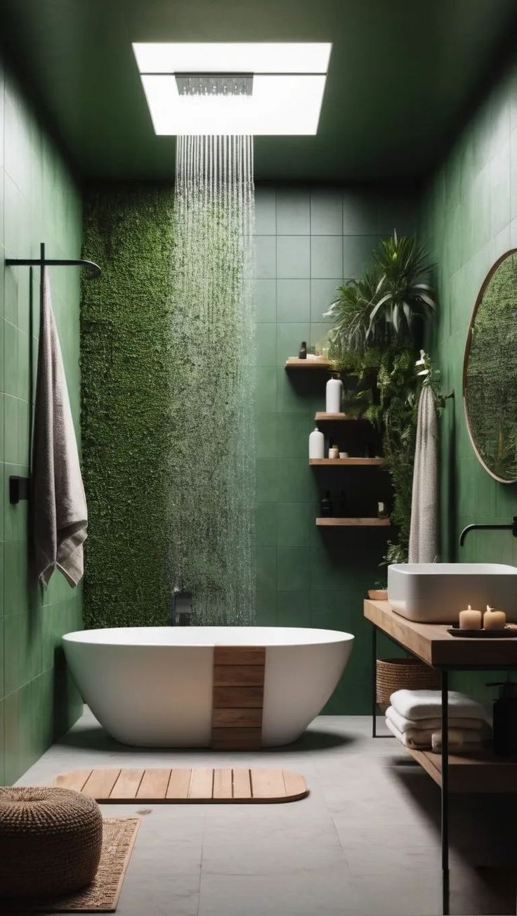 a bathroom with green walls and white bathtub in the center, surrounded by greenery