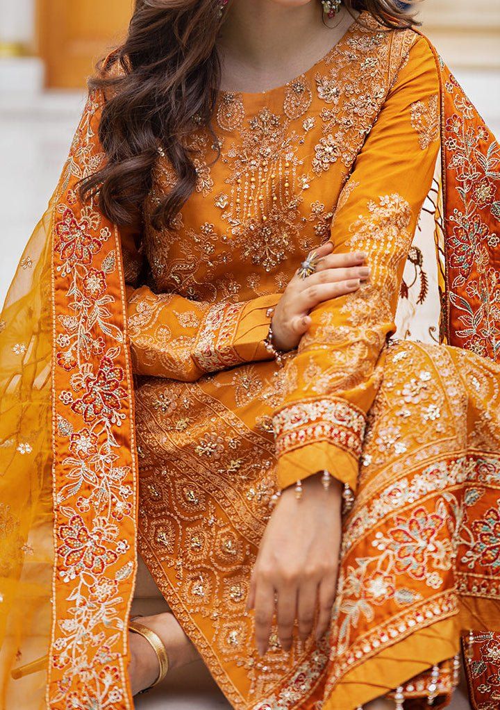 Introducing our latest collection ISHQ AATISH by Emaan Adeel designed to make you look and feel your best these pieces will add a touch of class and elegance to your wardrobe. This collection is a beautiful collection of ensembles offering versatile compositions for the latest festive wardrobe requirements. Chiffon Embroidered Hand Made Front. Chiffon Embroidered Back, Sleeves, and Dupatta. Organza Embroidered Front And Back Border. Shamoz Silk Embroidered Sleeves Lace. Shamoz Silk Embroidered Dupatta Border. Shamoz Silk Trouser Lace. Raw Silk Trouser. Color: There might be slight color variation due to lighting and flashes while the photo shooting. The color may also vary because of different screen resolutions. Wash Care: Dry Clean Only. Semi-stitched Orange Dress With Intricate Embroidery, Yellow Semi-stitched Dress With Intricate Embroidery, Eid Dresses With Intricate Embroidery, Elegant Yellow Salwar Kameez With Intricate Embroidery, Elegant Dabka Embellished Chinon Dress, Elegant Chinon Dress With Dabka Detail, Elegant Chinon Dress With Dabka, Elegant Chiffon Lehenga For Diwali, Semi-stitched Organza Dress With Sheer Dupatta