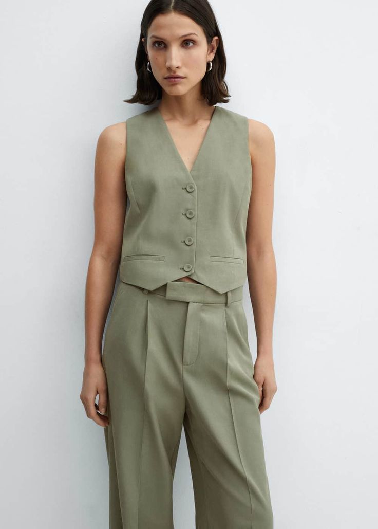 Suit vest with buttons -  Women | Mango USA Women Wedding Suit, Wedding Suit Women, Oct Wedding, Linen Suits Women, Vest With Buttons, Summer Wedding Suits, Summer Suit Women, Vest Suit, Rufus Sewell