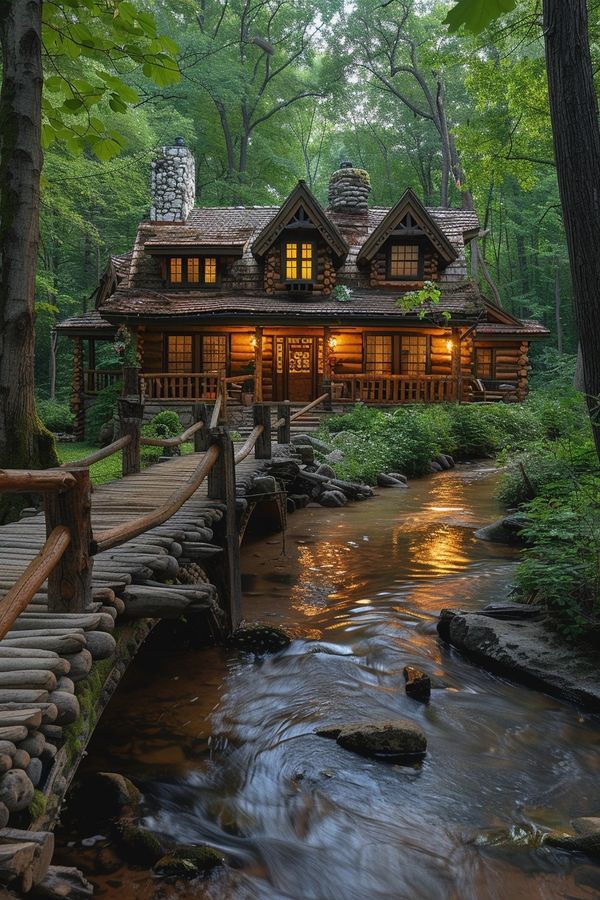 a log cabin in the woods with a stream running through it and a wooden bridge leading up to it