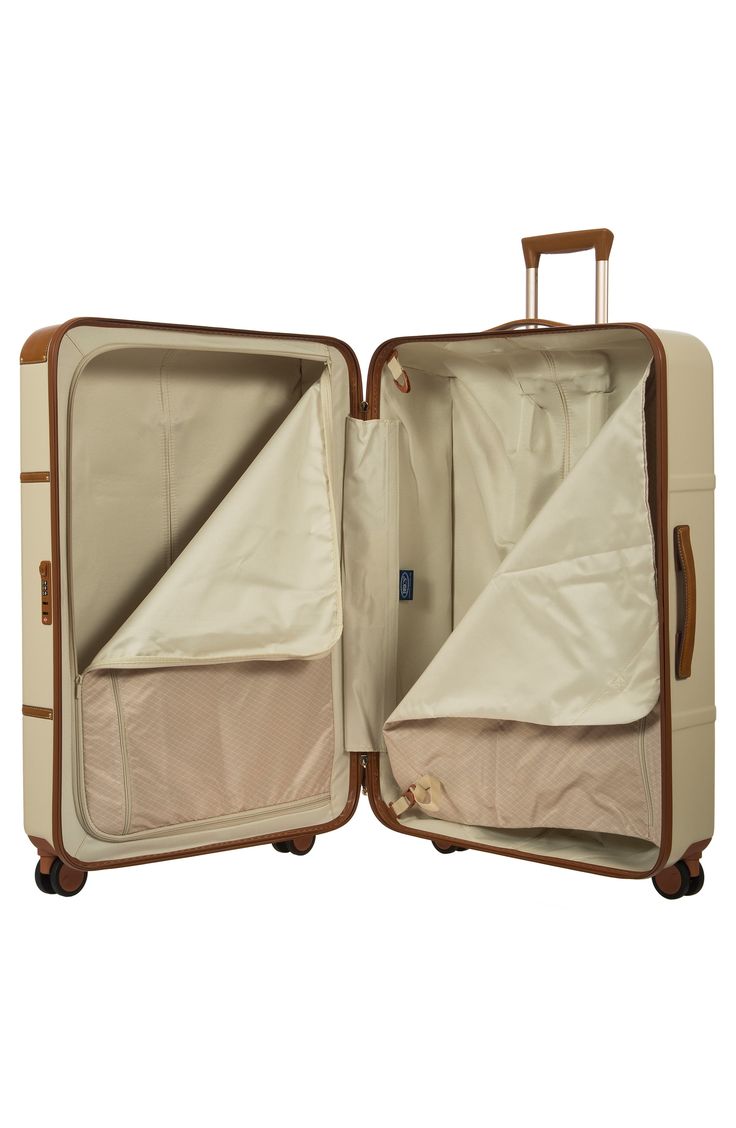 an open suitcase on wheels with the lid closed