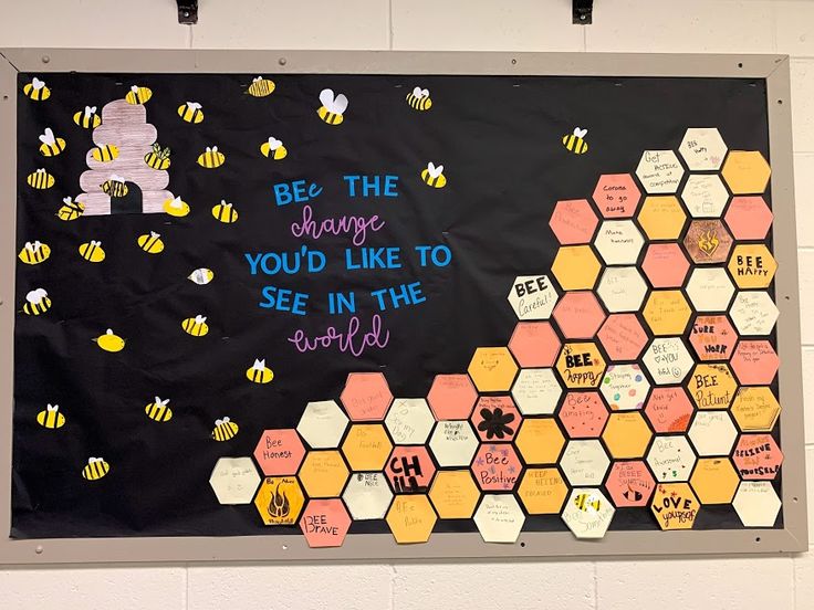 a bulletin board with bees and honeycombs on it