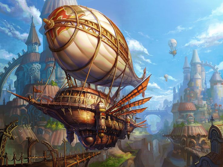 an artistic painting of a steampunk flying over a city