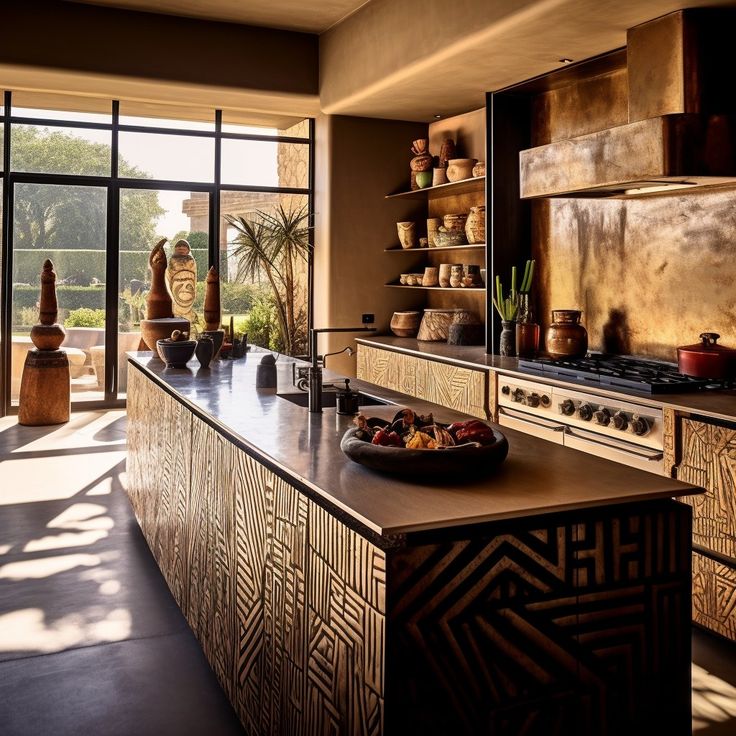 a kitchen with an oven, counter top and pots on the shelves in front of large windows