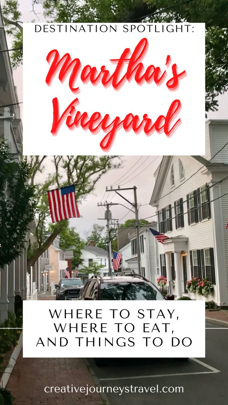 a street with cars parked on it and the words martha's vineyard where to stay, and things to do