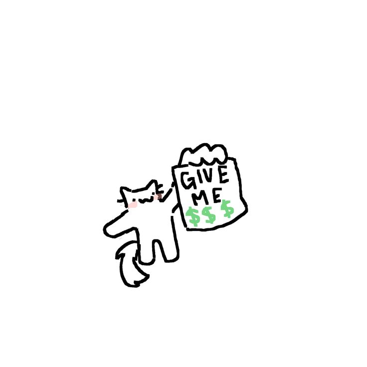 a black and white drawing of a cat holding a bag with the words give me 23