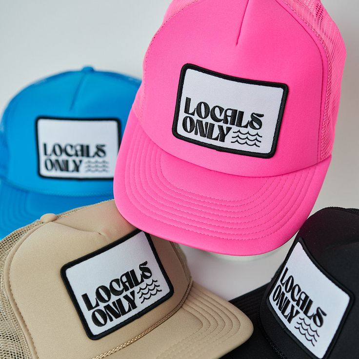 Locals Only Trucker Beach days are the best days! This his or hers trucker is part of our Locals Only Collection. His or Hers and perfect for your next day in the sun. So light, medium profile and a perfect addition to your growing hat collection. This patch is sewn on for extra durability. 5 Panel Foam Mesh Back Trucker, High Rise, Pro Style Adult Sizing 100% Poly Foam Front, 100% Nylon Back Summer Trucker Hat With Flat Brim, Summer Snapback Trucker Hat With Upf 50+, Flat Brim Trucker Hat For Summer Outdoor, Summer Lightweight Snapback Trucker Hat, Lightweight Snapback Trucker Hat For Summer, Lightweight Summer Trucker Cap, Lightweight Summer Trucker Hat, Summer Flat Brim Trucker Hat For Outdoor, Summer Outdoor Trucker Hat With Flat Brim