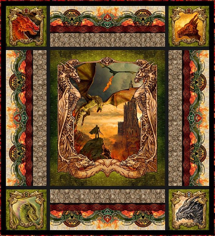 a quilt with an image of a dragon and other animals in the middle of it