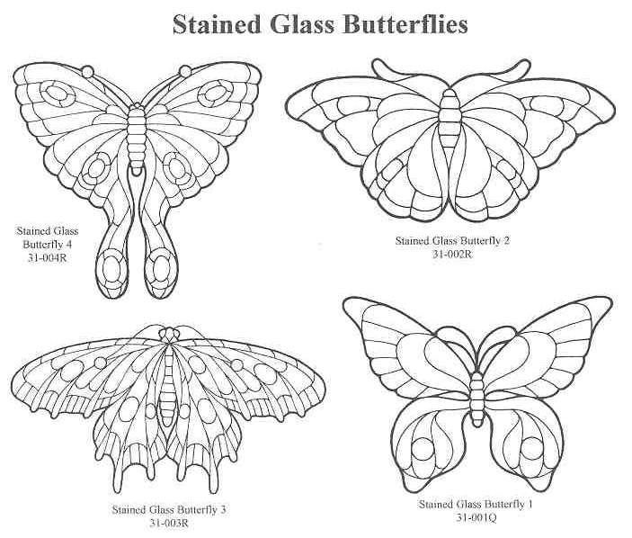 four different types of stained glass butterflies, each with their own name and description on the wings