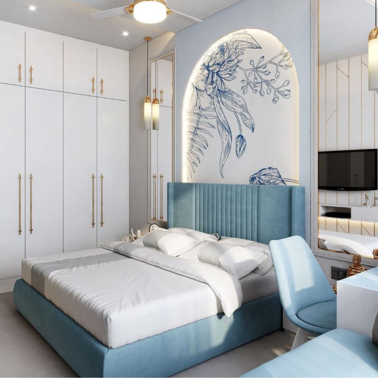 a bedroom with blue and white furniture in it