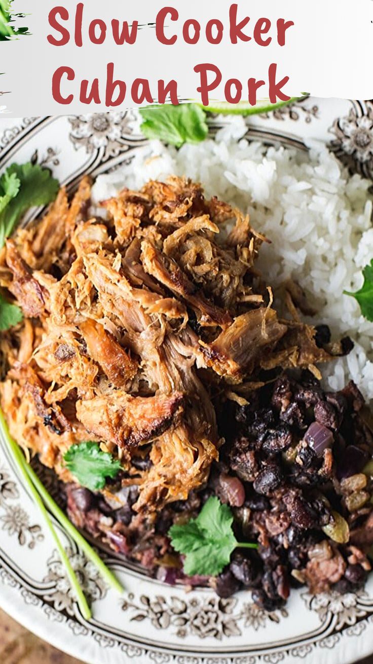 slow cooker cuban pork on a plate with rice and cilantro