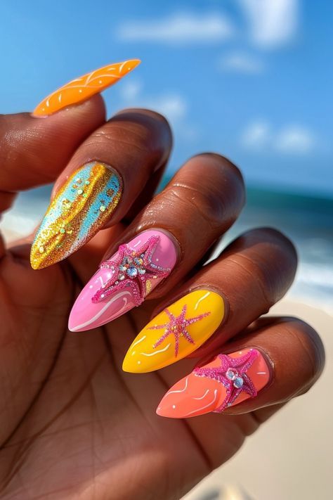 Unique Summer Nails Designs Art Ideas, Colorful Summer Nails 2024, Trending Summer Nails 2024, Nails June 2024, Tropical Acrylic Nails, June Nails Ideas 2024, Tropical Summer Nails, Caribbean Nails, Summer Nails Yellow