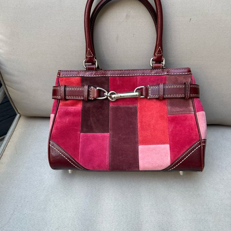 Beautiful Multicolored Eye Catching Designer Burgundy Rectangular Bag, Designer Burgundy Bag With Handles, Coach Square Bag For Daily Use, Square Coach Bag For Daily Use, Designer Red Square Satchel, Red Square Satchel With Detachable Handle, Designer Coach Bag In Burgundy, Coach Square Leather Bag, Luxury Multicolor Coach Bag