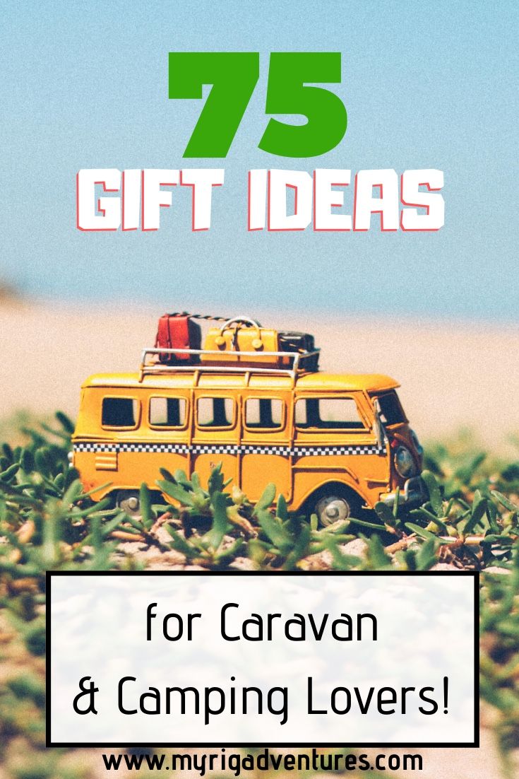 a yellow bus with the words 75 gift ideas for caravan and camping lovers on it