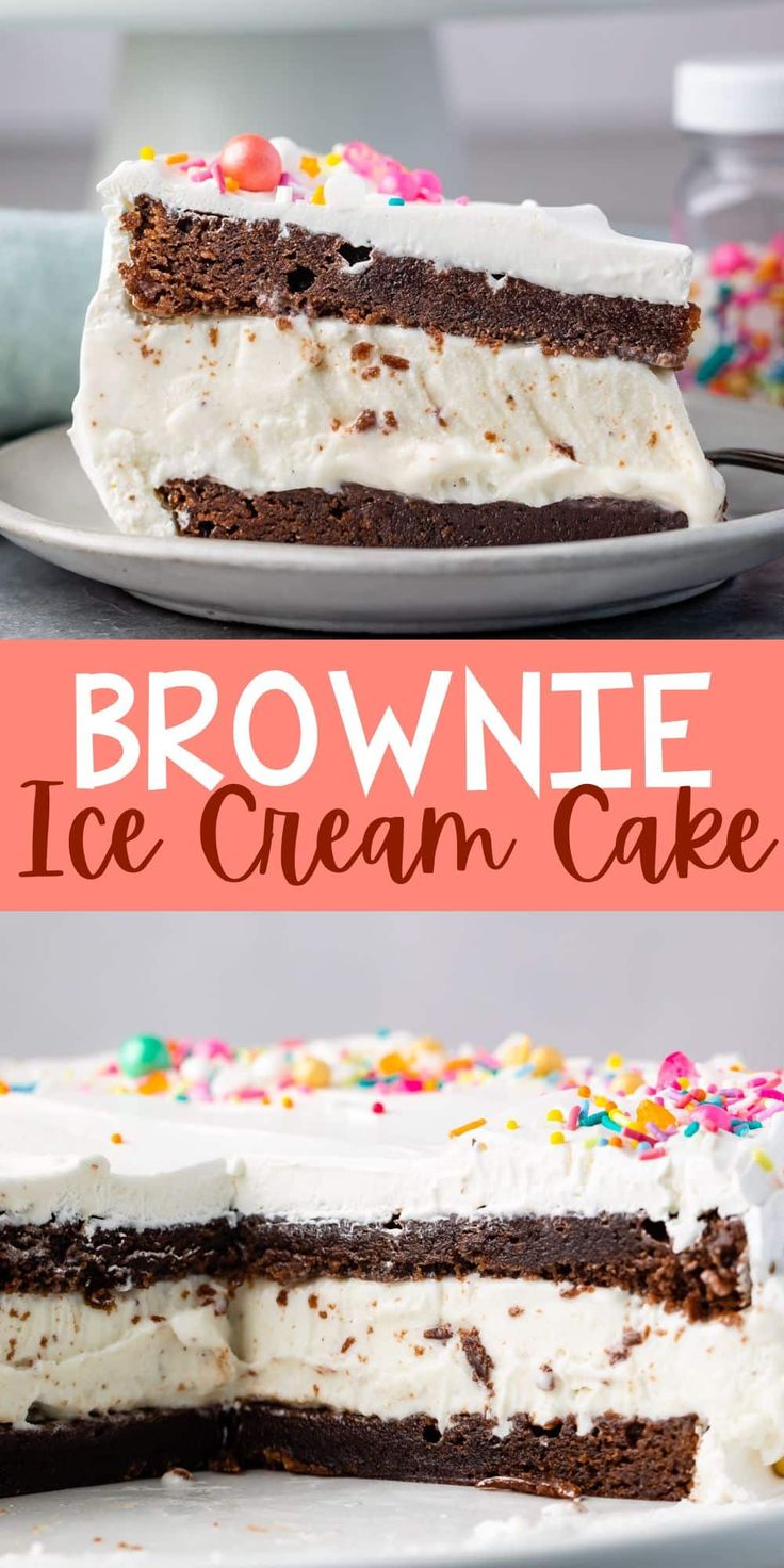 a chocolate ice cream cake with white frosting and sprinkles on top