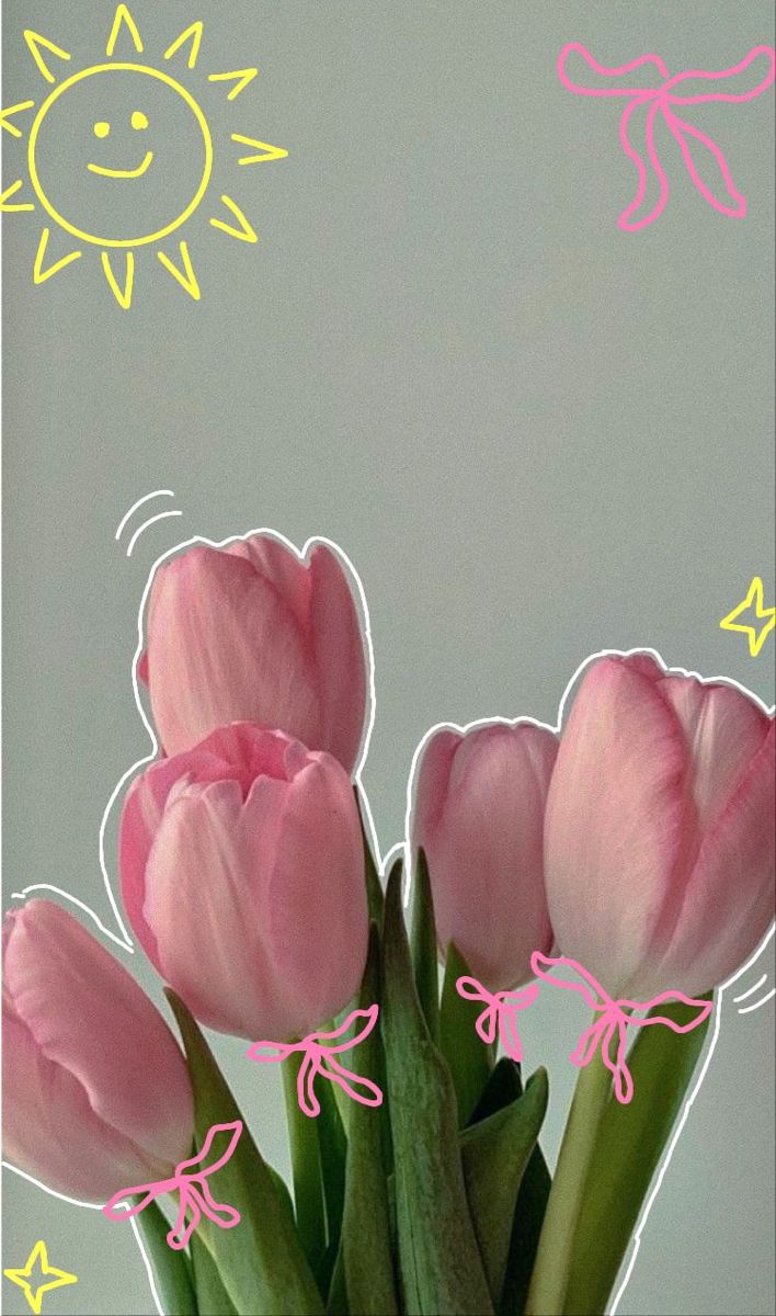 pink tulips are arranged in a vase with the sun and stars above them