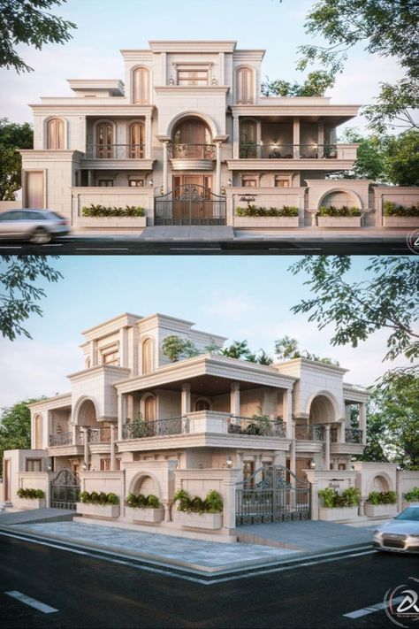 two different views of the same building with cars parked in front and side by side