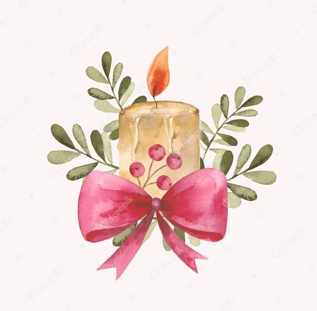 a watercolor painting of a candle with a pink bow