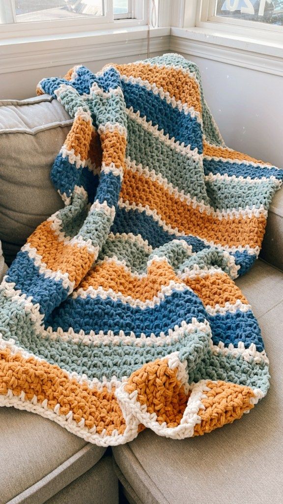 a crocheted blanket sitting on top of a couch next to a pillow and window