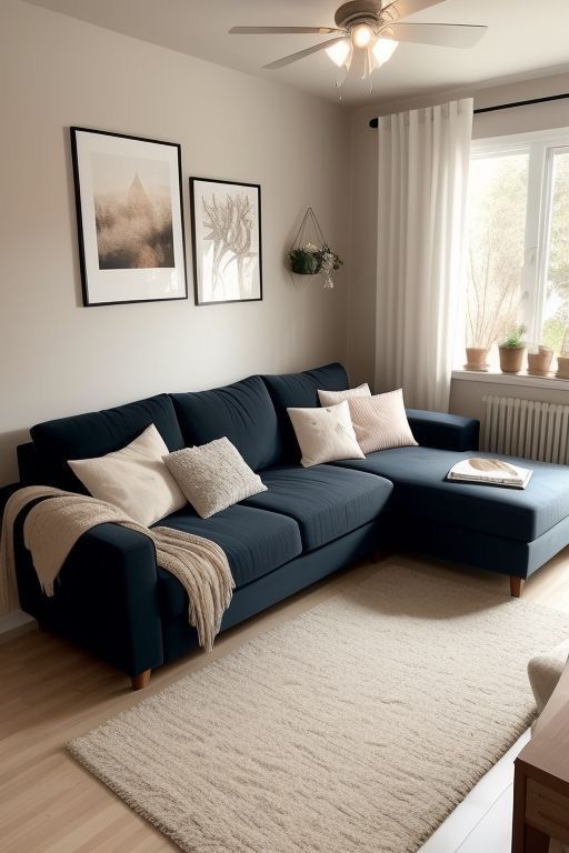 a living room with a blue couch and white rug