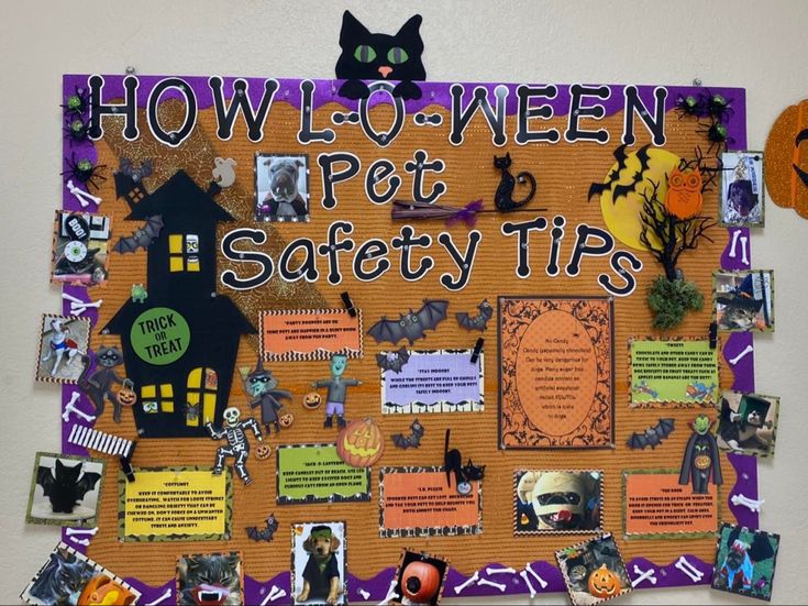 a bulletin board with halloween pictures and words on it that says how to wear pot safety tips