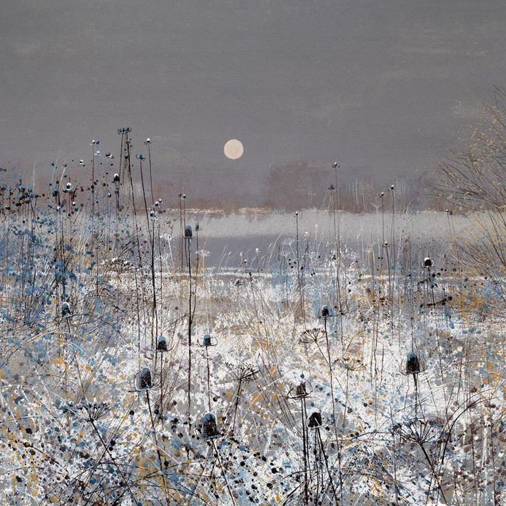 a painting of snow and grass with the moon in the background