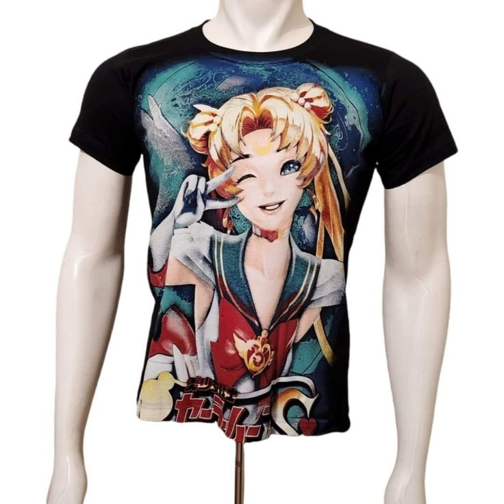 Brand New Without Tags Sailor Moon T-Shirt 100% Cotton Black Pop Culture Tops With Sublimation Print, Black Pop Culture Top With Sublimation Print, Pop Culture Printed Short Sleeve T-shirt, Black Printed T-shirt For Fan Merchandise, Black Printed Tops For Fan Merchandise, Moon Tshirt, Moon T Shirt, Sailor Moon, Colorful Shirts