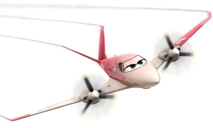 a pink airplane with green eyes flying through the air on a white background in high speed