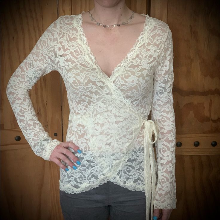 Vintage Stretch Lace Wrap Blouse. Never Worn, Only Admired On A Hanger. Long Story... The Sleeves Have A Slight Baby Bell To Them. Quality Fabric With Good Stretch. Baby Bells, Top Moda, Lace Wrap, Long Story, Professional Wardrobe, Prom Dress Inspiration, Best Stretches, Wrap Blouse, Good Stretches