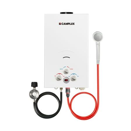 the tankless water heater is connected to a red and black hose with an extension cord