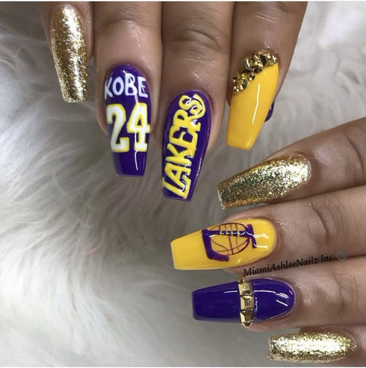 Laker Nails Design, Lakers Nail Designs, Laker Nails, Lakers Nails, Volleyball Nail Art, Basketball Nail Designs, Basketball Nails, Raspberry Nails, Unique Acrylic Nail Designs