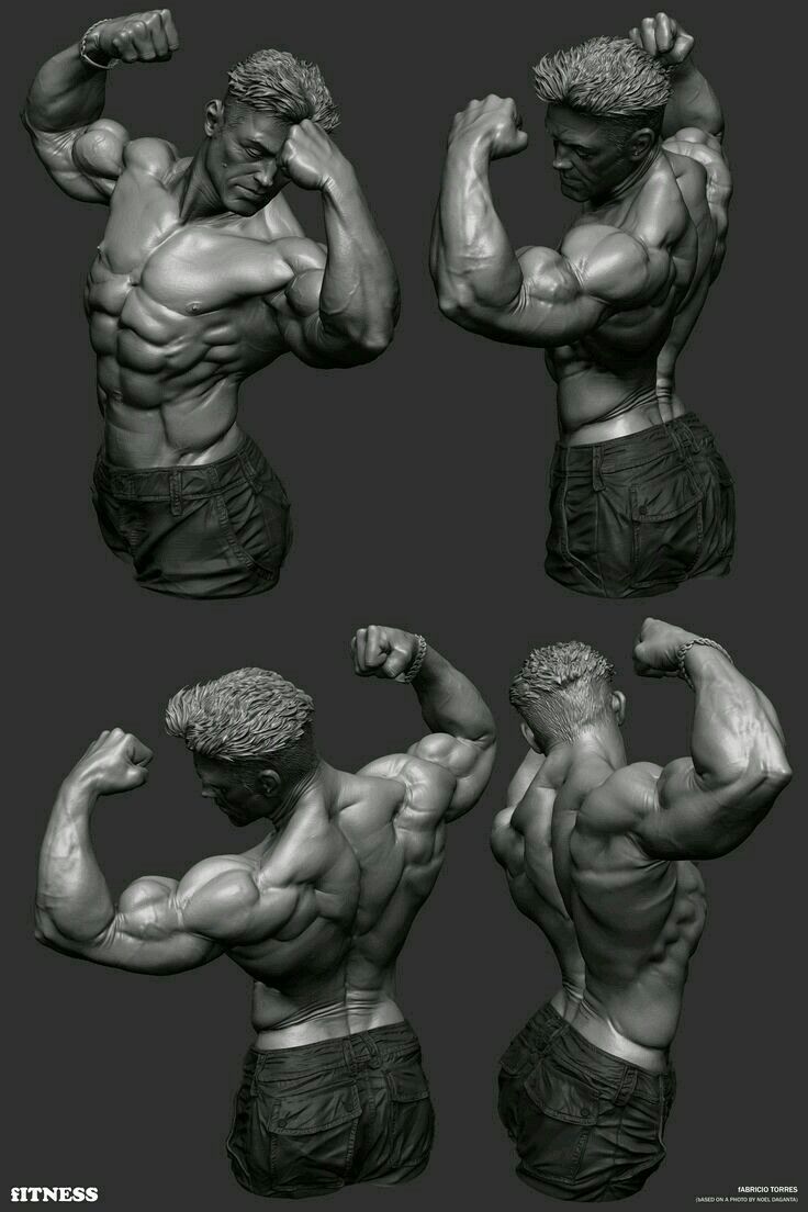 three different poses of a man with muscles