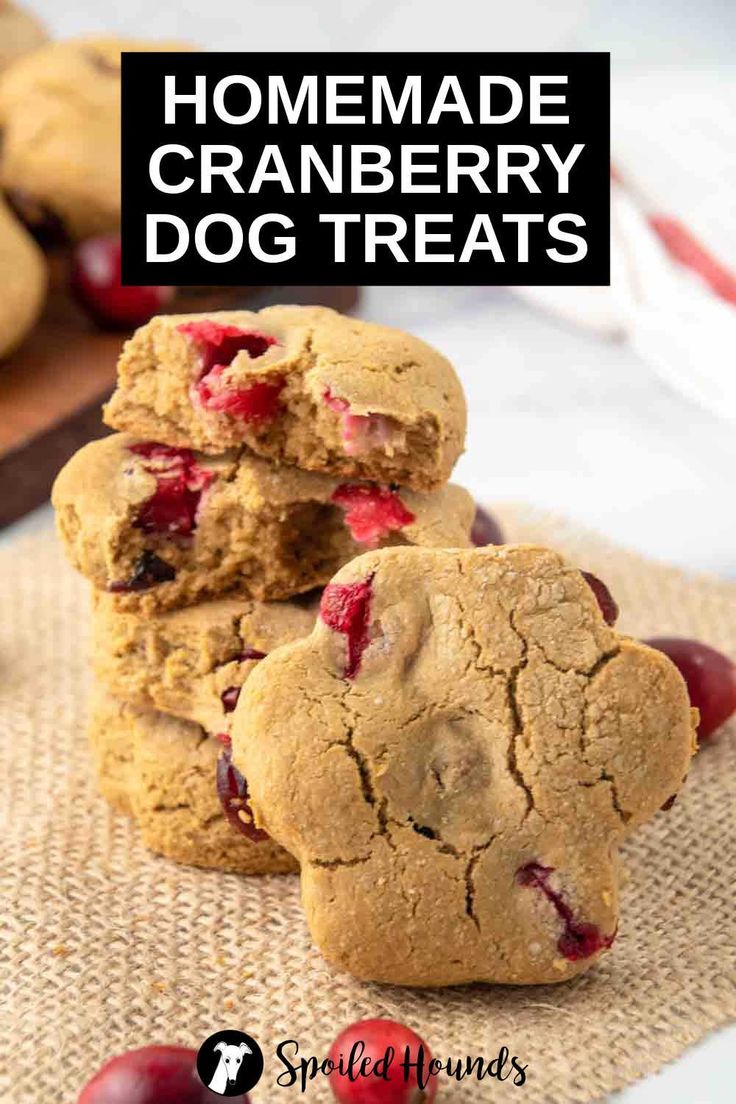 homemade cranberry dog treats stacked on top of each other with text overlay